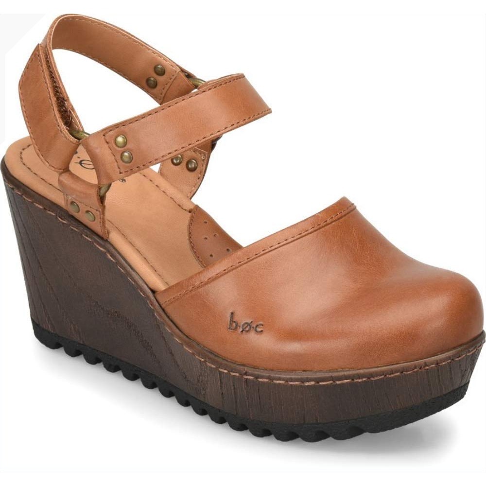 b.o.c. Born Concept Tan Brown Leather Platform Wedge Ankle Strap Sandals 7 M